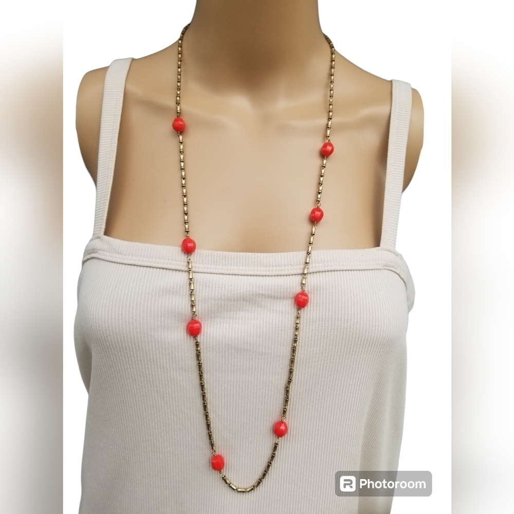 J.CREW LONG MATTE GOLDTONE CYLINDER BEAD & RED BEAD CHAIN NECKLACE